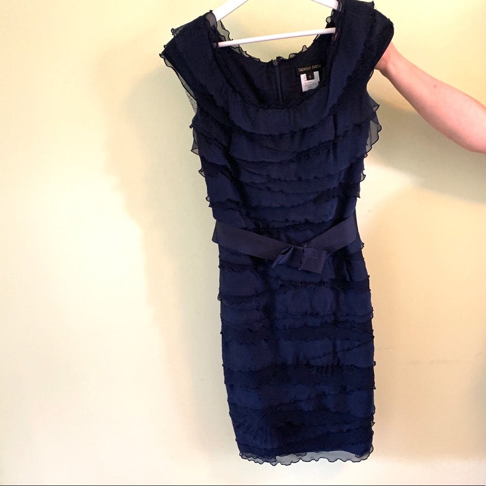 Tadashi Shoji Ruffle Tiered Cocktail Dress Navy